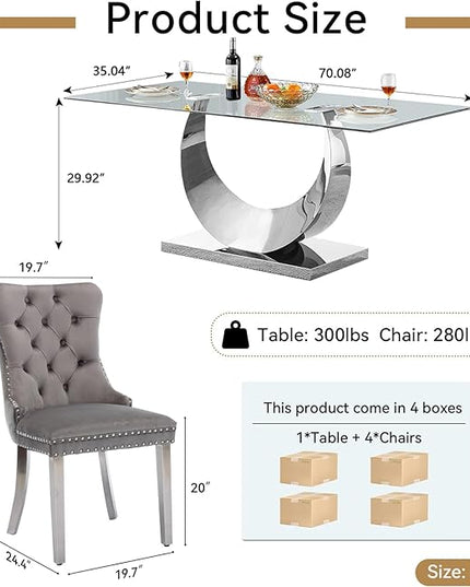 5 Piece Dining Table Set, Modern Glass Dining Table Set for 4, 70" Luxury Glass Table w/Silver Stainless Steel Base & 4 Grey Tufted Chairs, Kitchen Dining Room Sets for 4 for Breakfast Dinner Dinette