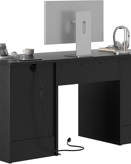 Bestier 59” Computer Desk with 4 Drawers, Office Desk with Storage, Modern Executive Desk with Charging Station, Keyboard Tray & Wooden Pedestals on Both Sides for Home Office & Studio, Black