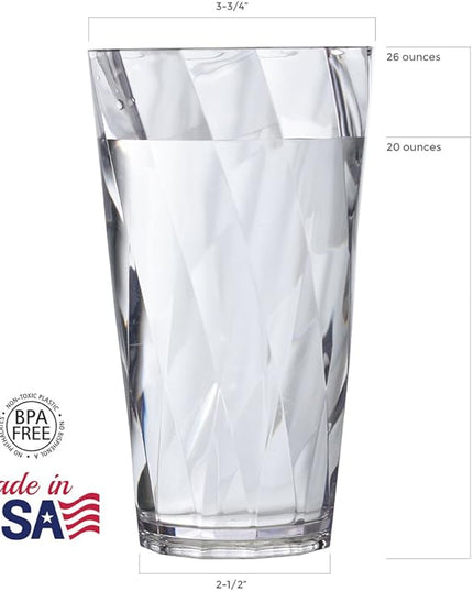 US Acrylic Optix Plastic Reusable Drinking Glasses (Set of 8) 26oz Iced-Tea Cups in Clear | BPA-Free Tumblers, Made in USA | Top-Rack Dishwasher Safe