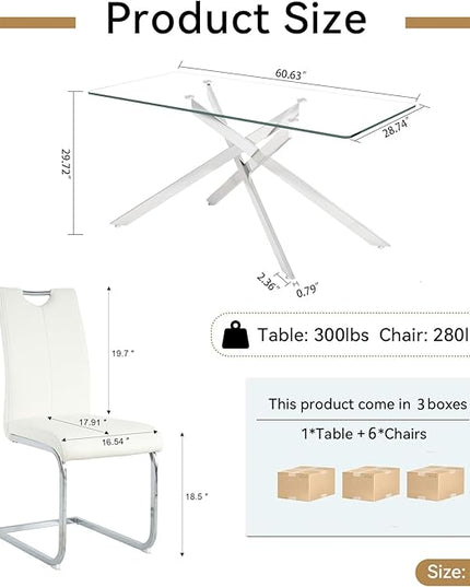 7 Piece Glass Dining Table Set, Glass Kitchen Dining Room Table Set for 6, 61" Modern Rectangular Silver Glass Metal Dining Table with 6 White PU Leather Dining Chairs for Kitchen Dining Room
