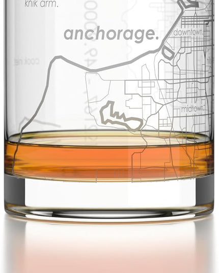 Well Told Engraved Anchorage Alaska Map Rocks Glass, Old Fashioned Glassware (11 oz, Clear) Etched Bourbon Tumbler, Gifts For Whiskey Lovers