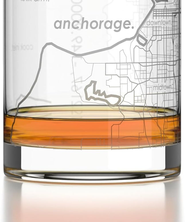 Well Told Engraved Anchorage Alaska Map Rocks Glass, Old Fashioned Glassware (11 oz, Clear) Etched Bourbon Tumbler, Gifts For Whiskey Lovers