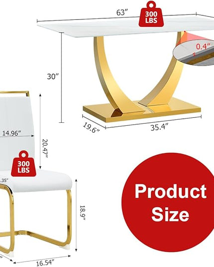 63” Dining Room Table Set for 6,Modern Gold Dining Table Set for 6, Rectangle Kitchen Table Set with Leather Chairs,White Faux Marble Dinner Table Set with Tempered Glass Top and Golden Base