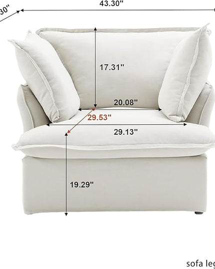 JACH 43" Modern Comfy Couch Chair with Thick Cushion, Couch Single Accent Chair Deep Seat Sofa Couches, Hemp Velvet Sofas Furniture for Small Spaces Living Room Bedroom Office Apartment (White)