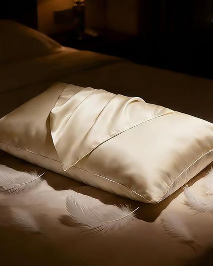 BHZ Beige Satin Goose Down Feather Pillows Standard Size with Pillowcase for Hair and Skin, Cooling Pillow Cases Similar to Silk Pillow Cases, Decorative for Women, Mom Men