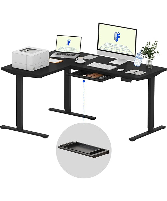 FLEXISPOT L Shaped Standing Desk, 63 x 47 Inch Electric Height Adjustable Corner Desk, Sit Stand Computer Workstation, Preset Controller, Home Office, Black Frame with Black Top, Black Drawer