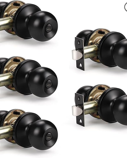 KNOBWELL 5 Pack Modern Door Knob Privacy Door Knob Bedroom Door Knobs with Lock, Matte Black Bathroom Door Knob, Interior Door Use