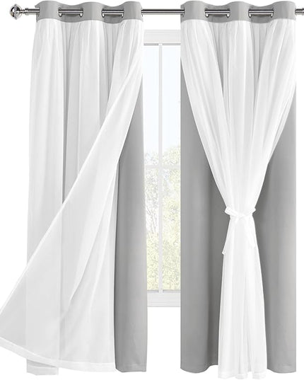 Hiasan Blackout Curtains with Sheer Overlay, Thermal Insulated Privacy Double Layer Mix & Match Window Curtains for Girls Bedroom, Living Room, 2 Drape Panels with Tiebacks, Silver Grey, 42W X 63L