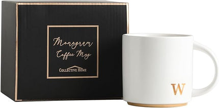 COLLECTIVE HOME - Monogram Ceramic Mugs, 15 oz Golden Initial Coffee Cups, Elegant Alphabet Tea Mugs, Elegant Personalized Mug with Gift Box, Luxurious Cups for Office and Home (w)