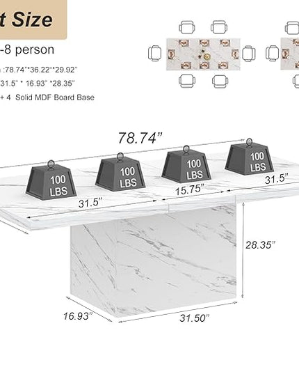HSH 78” Dining Table for 6-8, Large Rectangular Faux Marble Dinner Table only, Modern Long Kitchen Table with Strong Base, Farmhouse Wooden Dining Room Table for Home Office, White Marble, 78.74 in