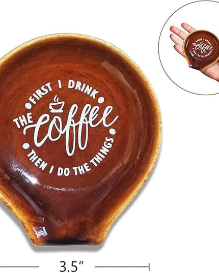 Funny Coffee Quote First I Drink The Coffee Then I Do The Things Ceramic Spoon Holder-Brown Coffee Spoon Rest -Cafe Station Bar Accessories