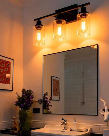 MELUCEE Bathroom Vanity Light Fixtures 24 Inches Length 3 Lights Wall Sconce Black with Clear Glass Shade for Bedroom Living Room Hallway Kitchen (Patent No.: US D963914 S)