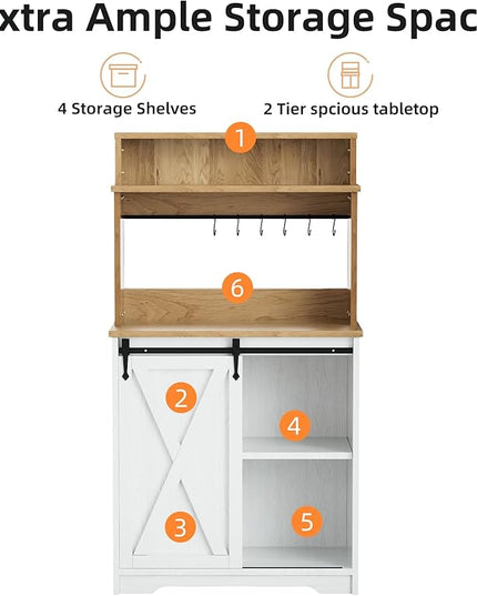 Farmhouse Coffee Station with 3 Tier Storage Hutch & 6 Hooks - 56 Inch Small Coffee Bar Table with Adjustable Shelves for Living/Dining Room