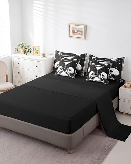 Feelyou Death Moth Comforter Set King Size 7 Pieces Comforters Gothic Skull Skeleton Bedding Set Sand Clock Bed Set Bed in a Bag with Comforter, Sheets, Pillowcases & Cushion Covers
