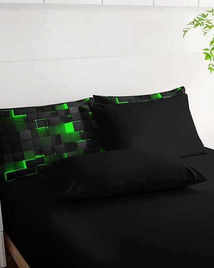 Geometric Green Black Queen Comforter Set,Light Honeycomb Bedding Set 7 Piece in A Bag,Bed Sheet Set Geometry Decor,Microfiber Lightweight All Season