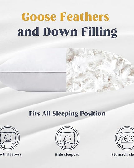 puredown® Goose Feathers and Down White Pillows with 100% Soft Cotton Cover, Bed Sleeping Hotel Collection Pillows Set of 2 Queen Size