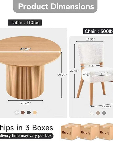 Howtek 5-Piece Modern Dining Room Set, 47" Round Dining Table and 4 Space-Saving Upholstered Stackable Dining Chairs, Kitchen Table and Chairs Set for Home, Kitchen, Living Room (Oak/White)