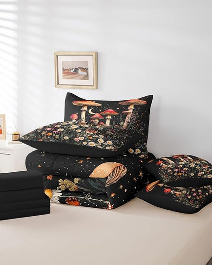Feelyou Gothic Nature Kids Comforter Set 7pcs, Boho Butterfly Moth Flower Bed Set King for Boys Girl, Boho Moon Bedding with 1 Comforter,1 Fitted Sheet,1 Flat Sheet,2 Pillowcases,2 Throw Pillow Cover