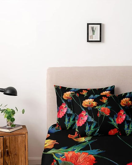 Black Floral Duvet Cover Set California King Size Comforter Cover Sets 104"x90" 3 Pieces Bedding Soft Lightweight Flower Bed Sets