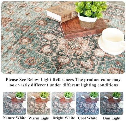 Washable Oriental Area Rug - 3x5 Rugs for Living Room Soft Carpet for Bedroom Waterproof Floral Distressed Indoor Stain Resistant Non-Shedding Floor Carpets (Green, 3X5)