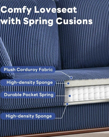 Tbfit Corduroy Couch for Living Room, Mid Century Modern Sofa with Spring Cusions for Bedroom,Comfy Upholstered Couches Easy Assembly with Solid Wood Legs & 2 Pillows (Blue, 65inch)