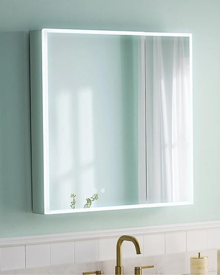 WELLFOR 30" X 30" Medicine Cabinet with Lights, 3X Magnification, Anti-Fog Mirrored Cabinet, Bathroom Vanity Medicine Cabinet with Outlets & USB Ports, Double Doors