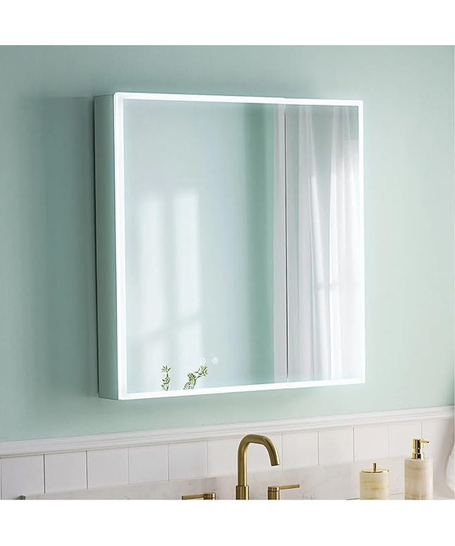 WELLFOR 30" X 30" Medicine Cabinet with Lights, 3X Magnification, Anti-Fog Mirrored Cabinet, Bathroom Vanity Medicine Cabinet with Outlets & USB Ports, Double Doors