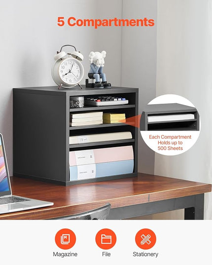 VEVOR Literature Organizer, 5 Compartments Office Mailbox with Adjustable Shelves, Wooden Mailbox Sorter Medium Density Fiberboard Office Home Classroom Storage for Files, Documents, Papers, Grey