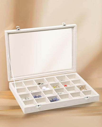 Stratalife Jewelry Organizer Jewelry Tray with Lid See-through Display Showcase Large Earring Organizer Velvet Storage Box for Earring Necklace Rings Dice Beige (24 Grids)