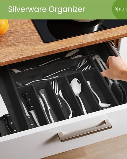 Purawood Bamboo Drawer Organizer - Expandable Silverware Organizer & Utensil Organizer, Cutlery Tray with Dividers, 7-9 Slots - Premium Kitchen Drawer Organizer for Utensils & Flatware (Black)