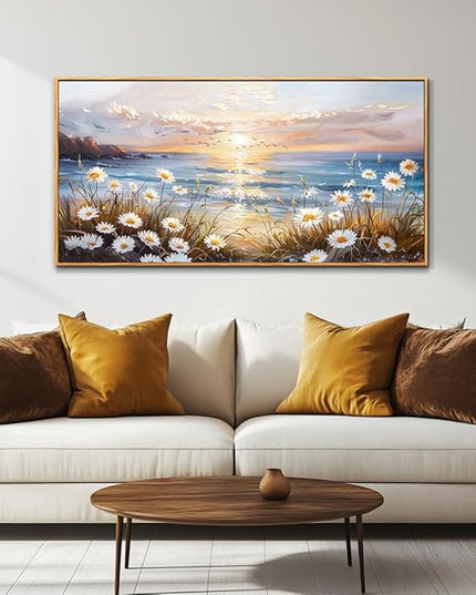 PHAOHUAXM Large Wall Art For Living Room Canvas Wall Decor For Office Bedroom Decorations Blue Ocean Landscape Wall Pictures Artwork Modern Beach Posters Aesthetic Home Decor Wood Framed 24"x48"