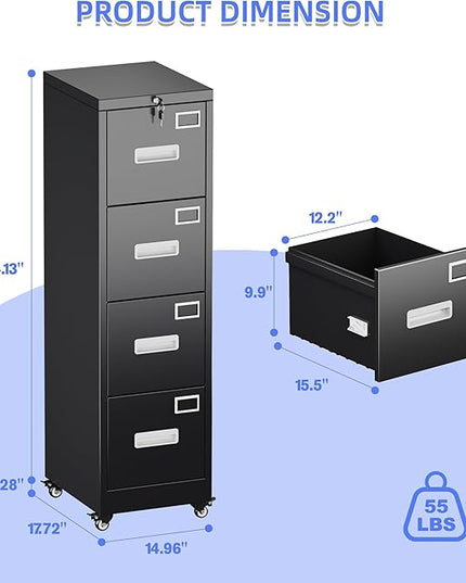 METAN 4 Drawer File Cabinet on Wheels, Lockable Metal Filing Cabinet with Handle and Name Card for Office Home,Assembly Required,Black