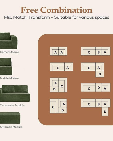 40" Modular Sectional Sofa, Upholstered Floor Sofa Couch with Pillow, Bean Bag Chair for Bedroom Living Room, No Assembly Required (Green, Plush Corduroy Fabric)