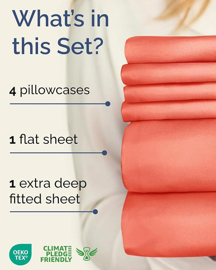 Extra Deep King Sheet Set - 6 Piece Breathable and Cooling Sheets - Hotel Luxury Bed Sheets Set - Easy & Secure Fit - Soft, Wrinkle Free and Comfy Sheets Set - Coral Sheet Set with Extra Deep Pockets