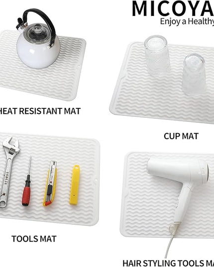 Silicone Dish Drying Mat for Multiple Usage,Easy clean,Eco-friendly,Heat-resistant Silicone Mat for Kitchen Counter or Sink,Refrigerator or drawer liner White L 16 inches x 12 inches