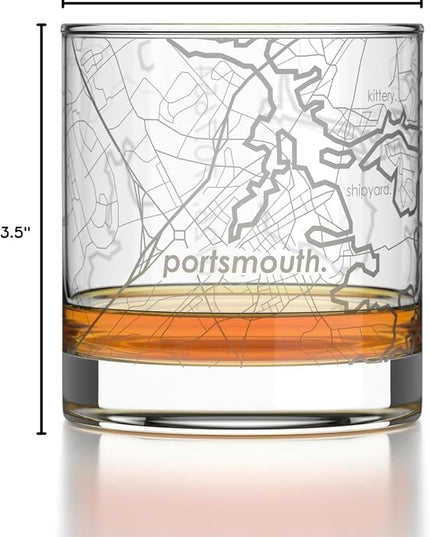 Well Told Engraved Portsmouth New Hampshire Map Rocks Glass, Old Fashioned Glassware (11 oz, Clear) Etched Bourbon Tumbler, Gifts For Whiskey Lovers