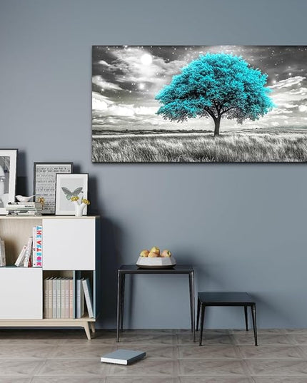KELIYUAN Large Canvas Wall Art For Living Room Wall Decor For Bedroom Corridor Blue Tree Natural Scenery Full Of Stars Black And White Modern Printing Dining Room Kitchen Home Decoration 30 "X 60"
