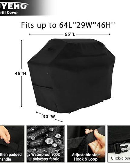 Tuyeho Grill Cover 65 x 30 x 46 inch, 900D Heavy Duty Gas BBQ Cover w/Side Fasteners Straps, Waterproof & Weather Resistant for Your Weber, Char-Broil, Brinkmann, Holland, Jenn Air (Black)