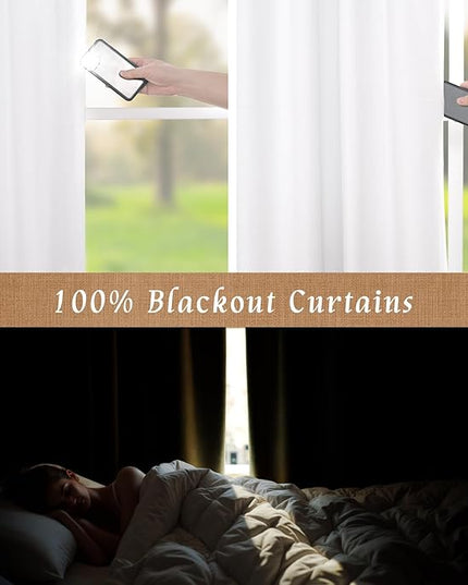 LAMIT 100% Blackout Linen Curtains, 45 Inches Linen Textured Thermal Bedroom Curtains Back Tab and Rod Pocket Neutral Panels with White Liner for Farmhouse, 2 Panels, 42 x 45 Inch, White