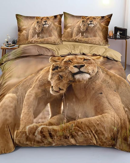 Animal Lions Pattern Duvet Cover Set California King Size Wild Lion Comforter Covers and Pilliw Shams Camel Color Bedding Sets Romantic Jungle Theme Bedroom Deco Gift