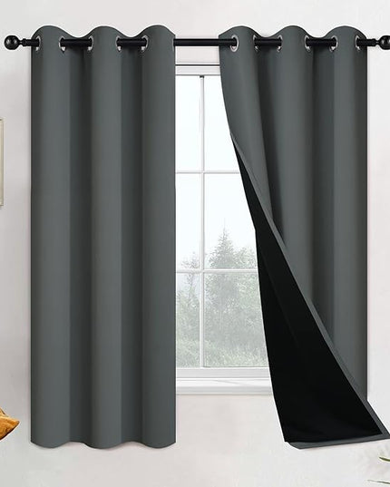 Yakamok 63 Inch Length 100% Blackout Curtains for Bedroom, 2 Thick Layers Thermal Insulated Grommet Total Blackout Drapes with Black Liner for Living Room (42Wx63L,Dark Grey, 2 Panels)