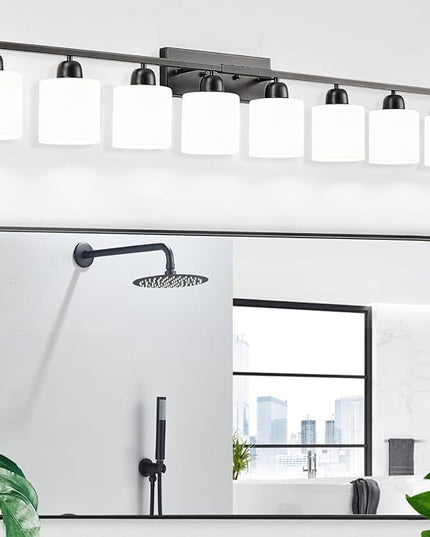 8 Light Black Bathroom Light Fixtures Over Mirror for Big Mirror, Modern Bathroom Lighting with Milky White Frosted Glass Shades,51 inch Lights for Vanity for Mirrors, E26