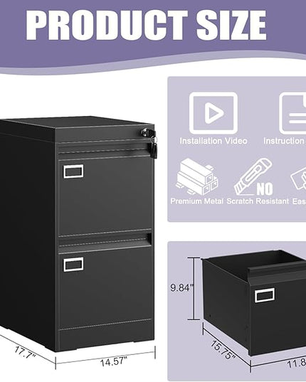 2 Drawer Metal File Cabinet with Lock, Black Locked Filing Cabinets, Vertical Small File Cabinet with Key, Under Desk Filing Cabinets for Home Office