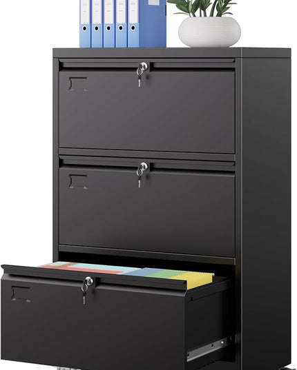METAN Upgrade 3 Drawers Lateral File Cabinet on Wheels,Steel Office Filing Storage Cabinet with 3 Locks,Assembly Required,Black
