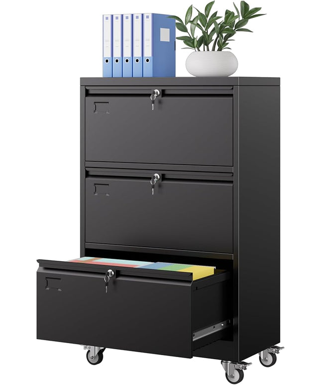 METAN Upgrade 3 Drawers Lateral File Cabinet on Wheels,Steel Office Filing Storage Cabinet with 3 Locks,Assembly Required,Black