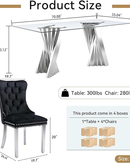 5 Piece Glass Dining Table Set,70" Dinner Room Glass Table Set for 4,Modern Kitchen Dinner Table Set with Stainless Steel Base and 4 Upholstered Velvet Dining Chairs for Living Dining Room