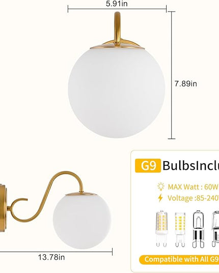 Vintage Bathroom Vanity Light Fixtures Over Mirror, Brushed Gold Vanity Lights For Bathroom With Milk White Glass Globe Shade, Wall Sconces For Bedroom, Hallway, Dressing Table(Includ G9 Bulb)