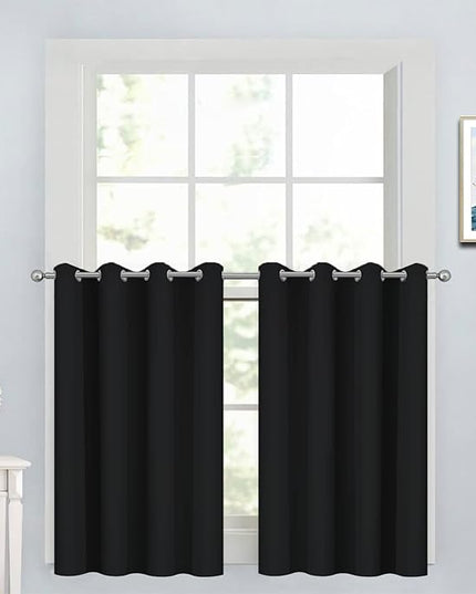 Yakamok Functional Thermal Insulated Eyelet Top Room Darkening Curtain Panels, Energy Efficient Kitchen Grommet Top Curtains for Short Window/Basement (52W by 36L, Black, 2 Panels)