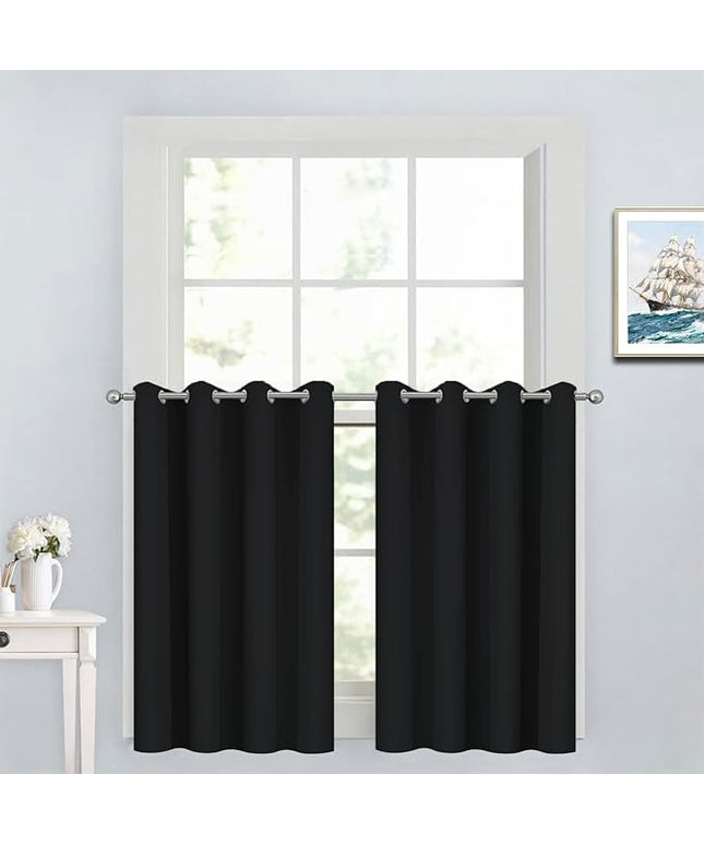 Yakamok Functional Thermal Insulated Eyelet Top Room Darkening Curtain Panels, Energy Efficient Kitchen Grommet Top Curtains for Short Window/Basement (52W by 36L, Black, 2 Panels)