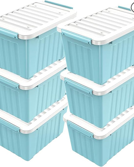 Nazhura 97 Quart Plastic Storage Bin, Stackable and Nestable Storage Boxes with White Lids and Secure Latching Buckles, Large Storage Container (Blue, 97Quart-6Pack)